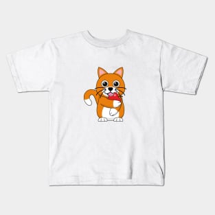 Cute Orange White Cat Eating Red Apple Cartoon Kids T-Shirt